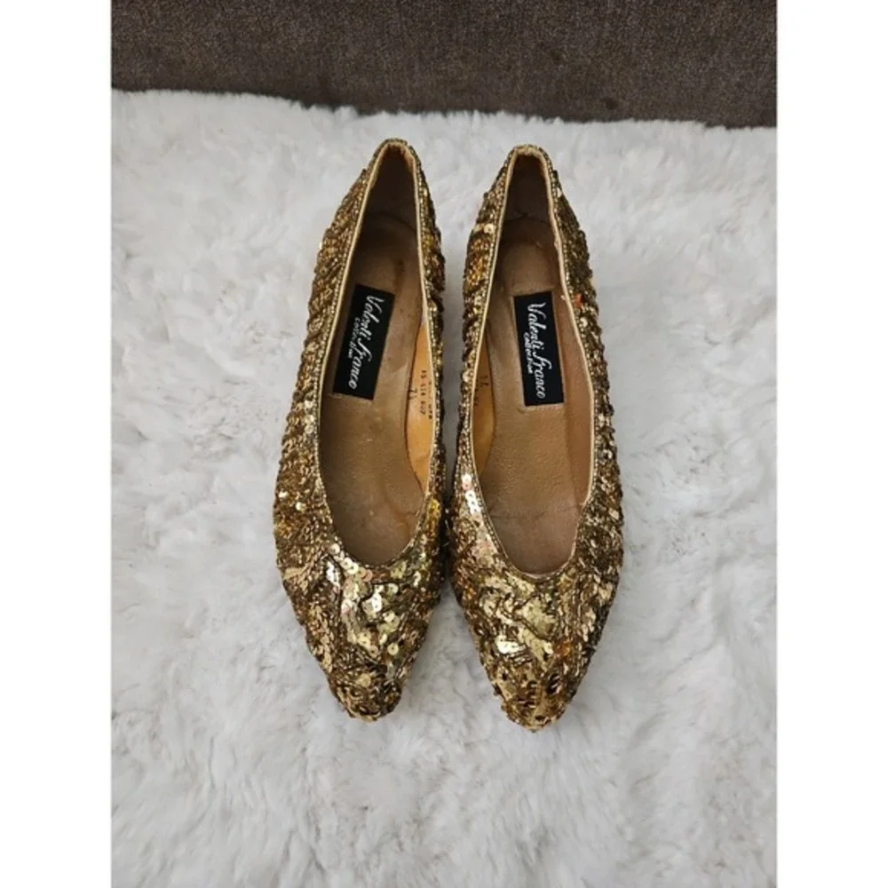 Valenti Franco Gold Sequin Beaded Kitten Heels‎ Pumps Size 7.5 Vintage Glam